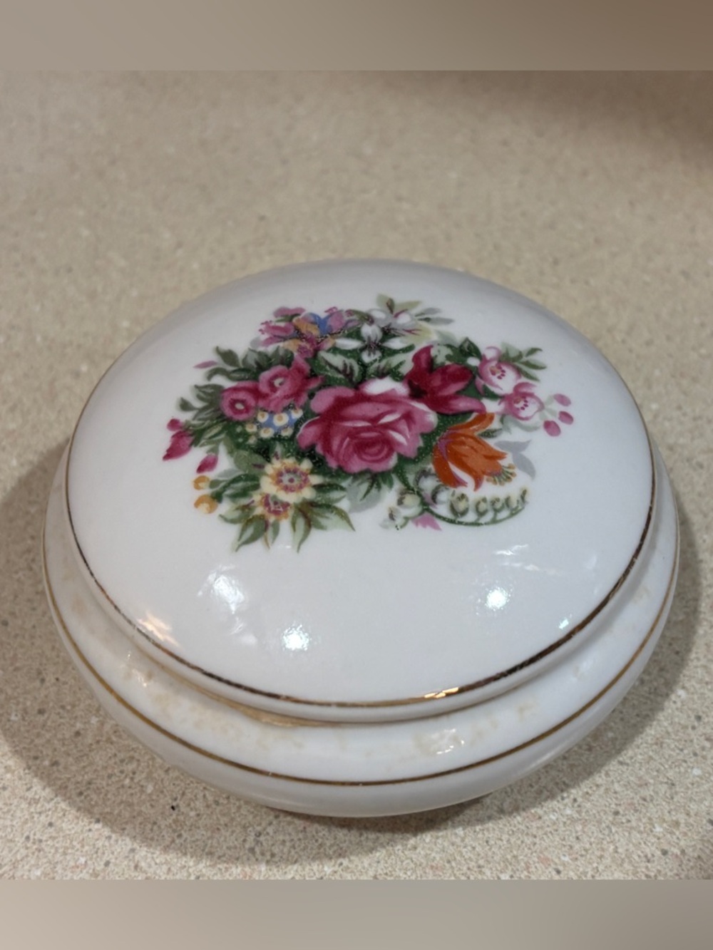 Vintage Floral Porcelain Trinket Box or Ring box with Gold Trim